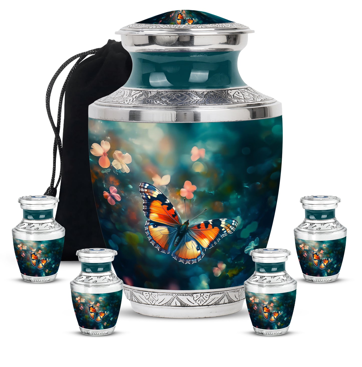 Ocean Teal Butterfly Cremation Urn lifestyle display on memorial shelf - modern art-inspired butterfly motif on sleek aluminum - memorial set with one large and four small urns