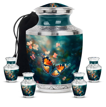 Ocean Teal Butterfly Cremation Urn lifestyle display on memorial shelf - modern art-inspired butterfly motif on sleek aluminum - memorial set with one large and four small urns