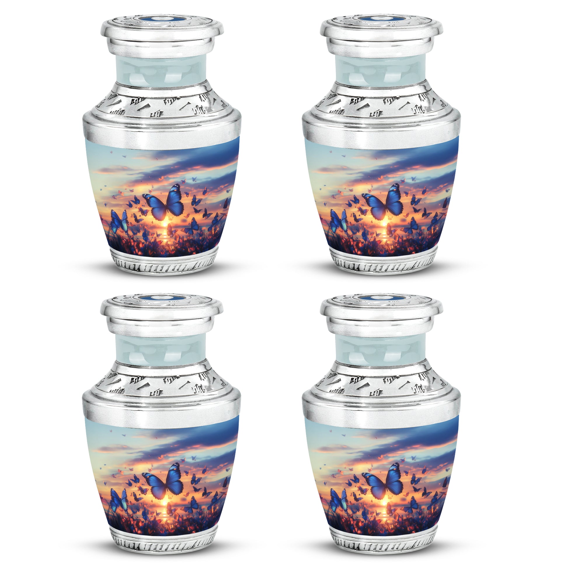 Celestial Blue Butterfly Cremation Urn back view with polished surface - contemporary butterfly design with modern artistic flair - 10 inch aluminum urn for cremated remains