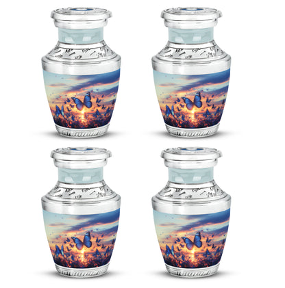 Celestial Blue Butterfly Cremation Urn back view with polished surface - contemporary butterfly design with modern artistic flair - 10 inch aluminum urn for cremated remains