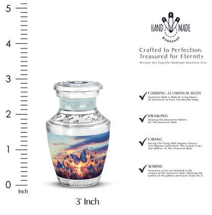 Twilight Blue Butterfly Cremation Urn top-down view of secure threaded lid - stylized abstract butterfly pattern with bold lines - mini keepsake memorial for portion of cremation ashes