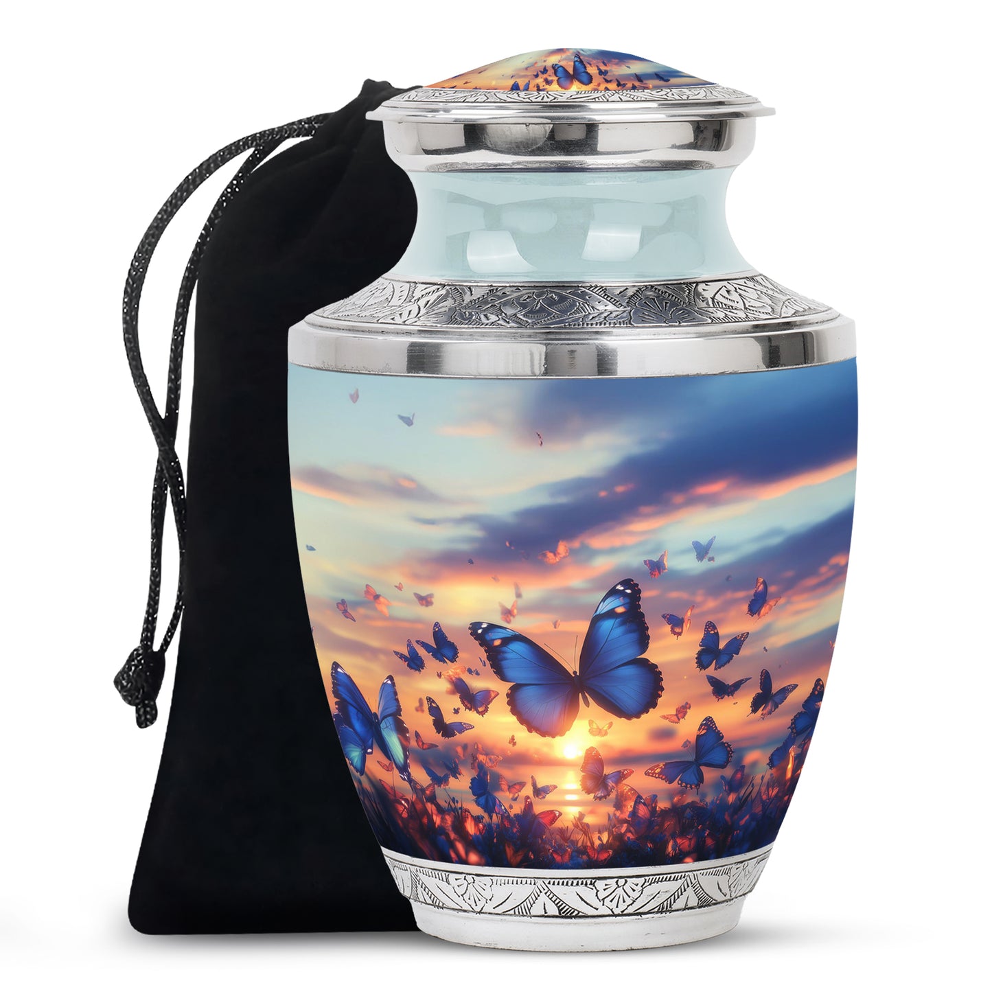 Celestial Blue Butterfly Cremation Urn side profile showing urn shape - modern art-inspired butterfly motif on sleek aluminum - full-size 10 inch 200 cubic inch adult cremation urn