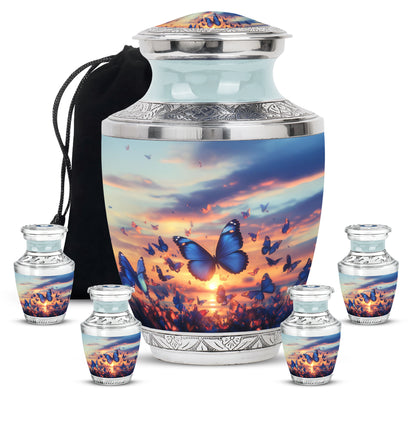 Soft Blue Butterfly Cremation Urn lifestyle display on memorial shelf - stylized abstract butterfly pattern with bold lines - memorial set with one large and four small urns