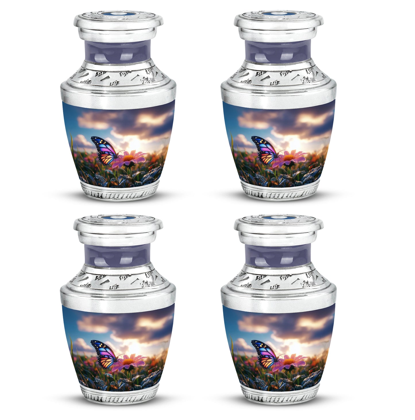 Bright Blue Butterfly Cremation Urn back view with polished surface - artistic butterfly interpretation with creative detail - 10 inch aluminum urn for cremated remains