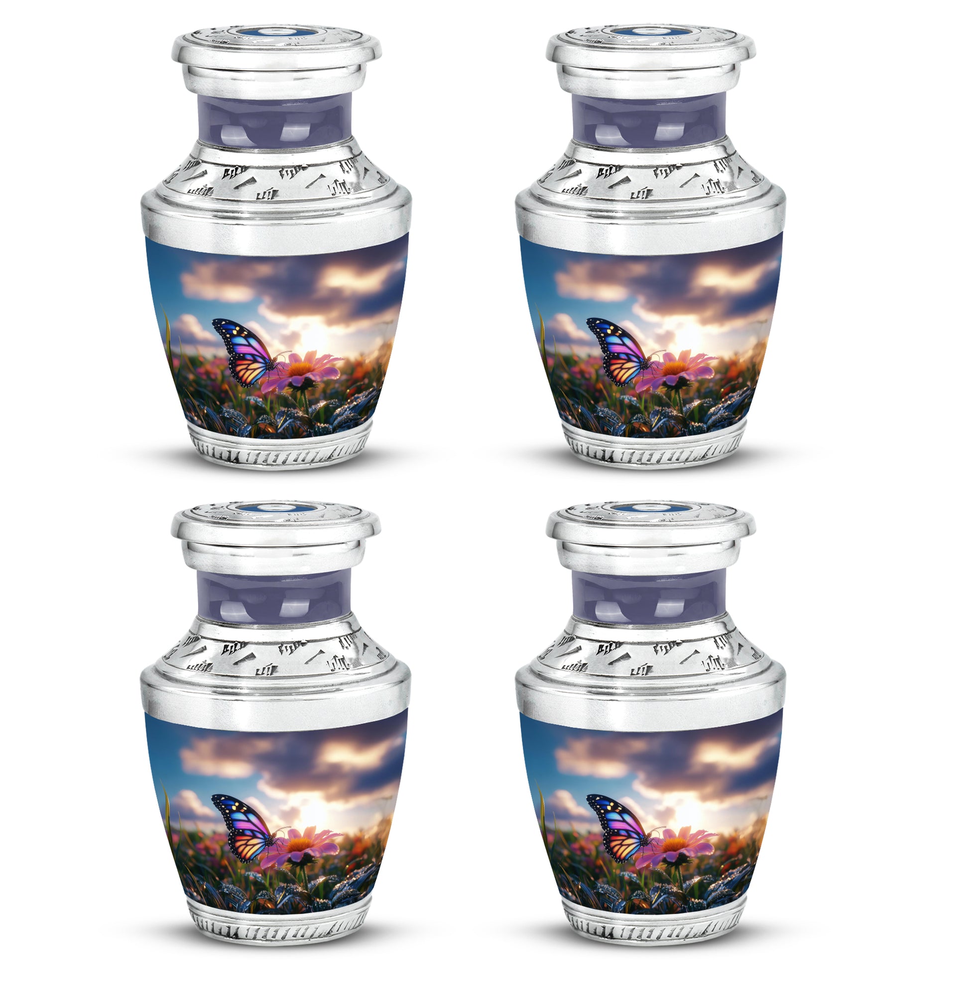 Bright Blue Butterfly Cremation Urn back view with polished surface - artistic butterfly interpretation with creative detail - 10 inch aluminum urn for cremated remains