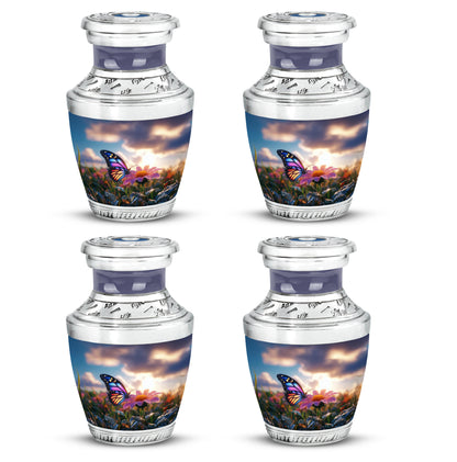 Bright Blue Butterfly Cremation Urn back view with polished surface - artistic butterfly interpretation with creative detail - 10 inch aluminum urn for cremated remains