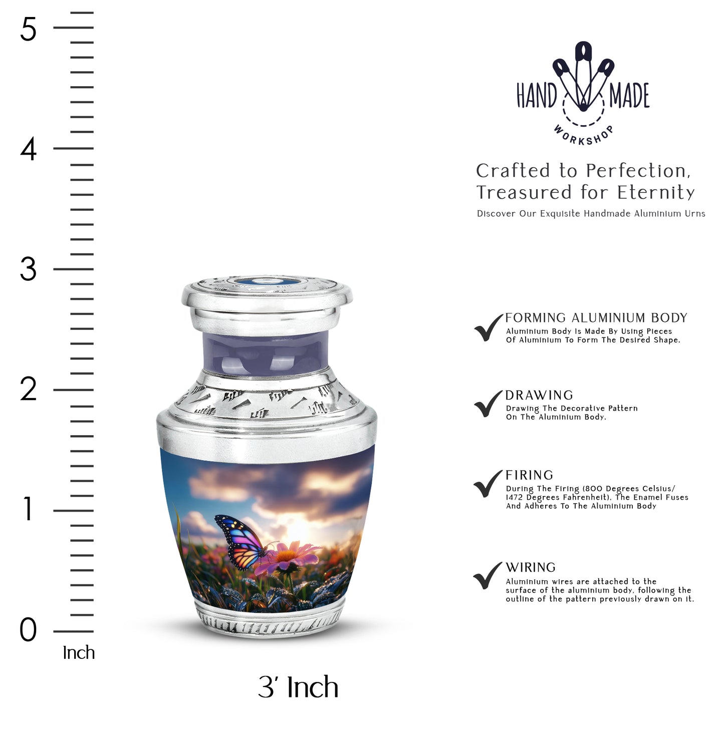 Royal Blue Butterfly Cremation Urn top-down view of secure threaded lid - stylized abstract butterfly pattern with bold lines - mini keepsake memorial for portion of cremation ashes