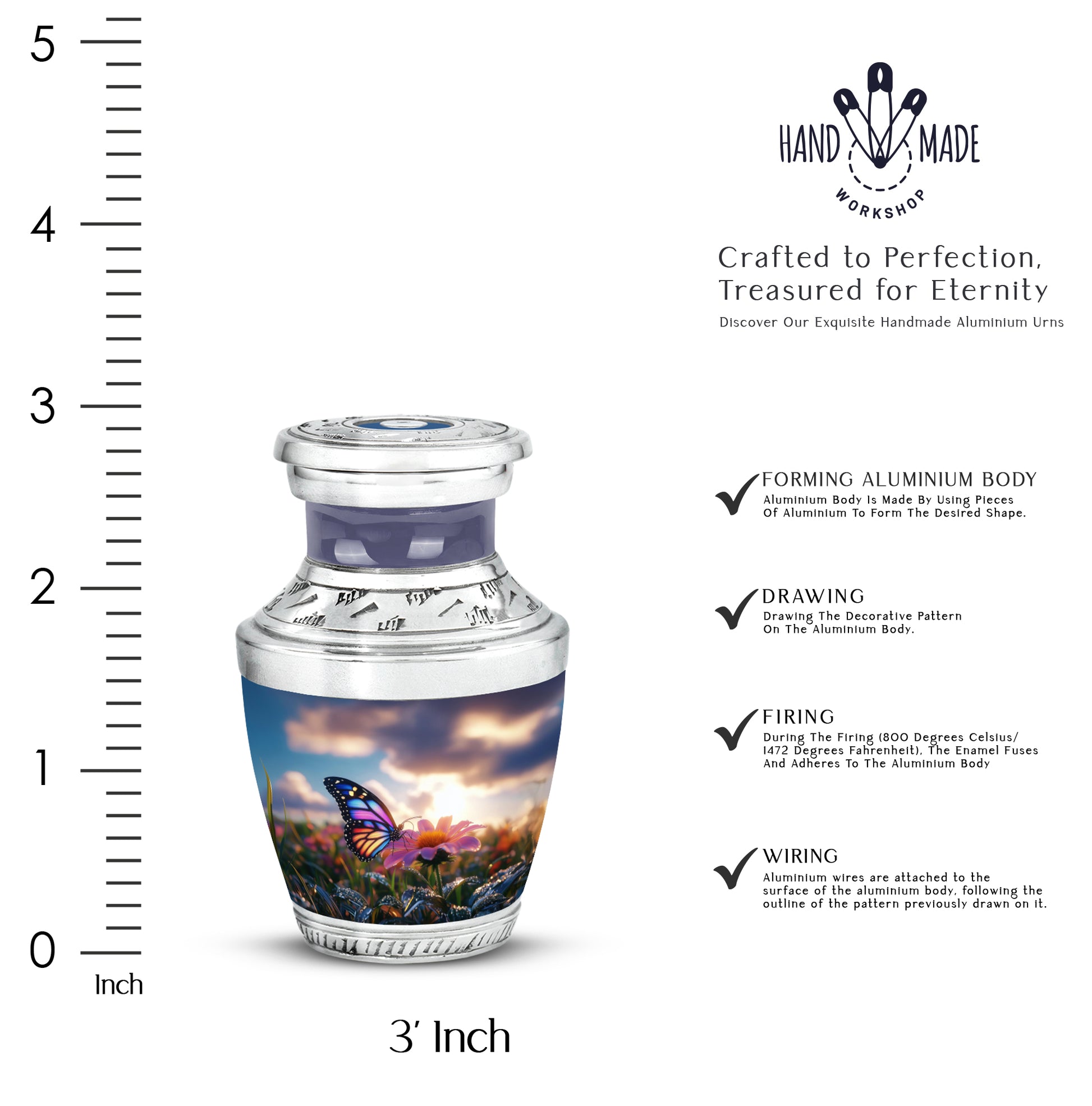 Royal Blue Butterfly Cremation Urn top-down view of secure threaded lid - stylized abstract butterfly pattern with bold lines - mini keepsake memorial for portion of cremation ashes