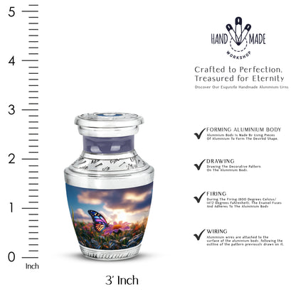 Royal Blue Butterfly Cremation Urn top-down view of secure threaded lid - stylized abstract butterfly pattern with bold lines - mini keepsake memorial for portion of cremation ashes