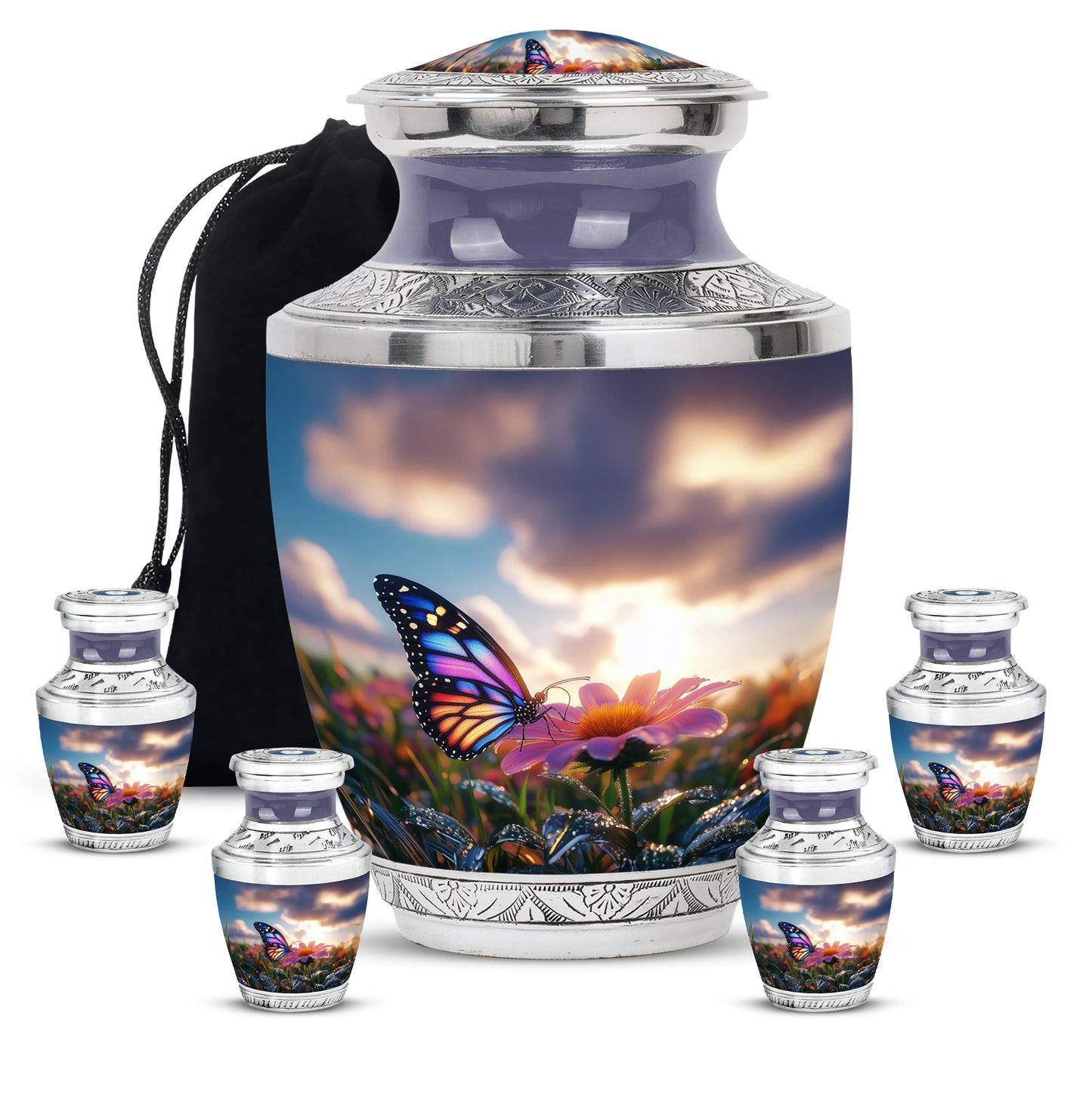Celestial Blue Butterfly Cremation Urn lifestyle display on memorial shelf - modern art-inspired butterfly motif on sleek aluminum - memorial set with one large and four small urns