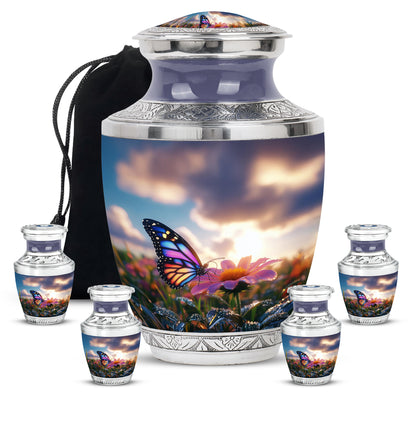 Celestial Blue Butterfly Cremation Urn lifestyle display on memorial shelf - modern art-inspired butterfly motif on sleek aluminum - memorial set with one large and four small urns