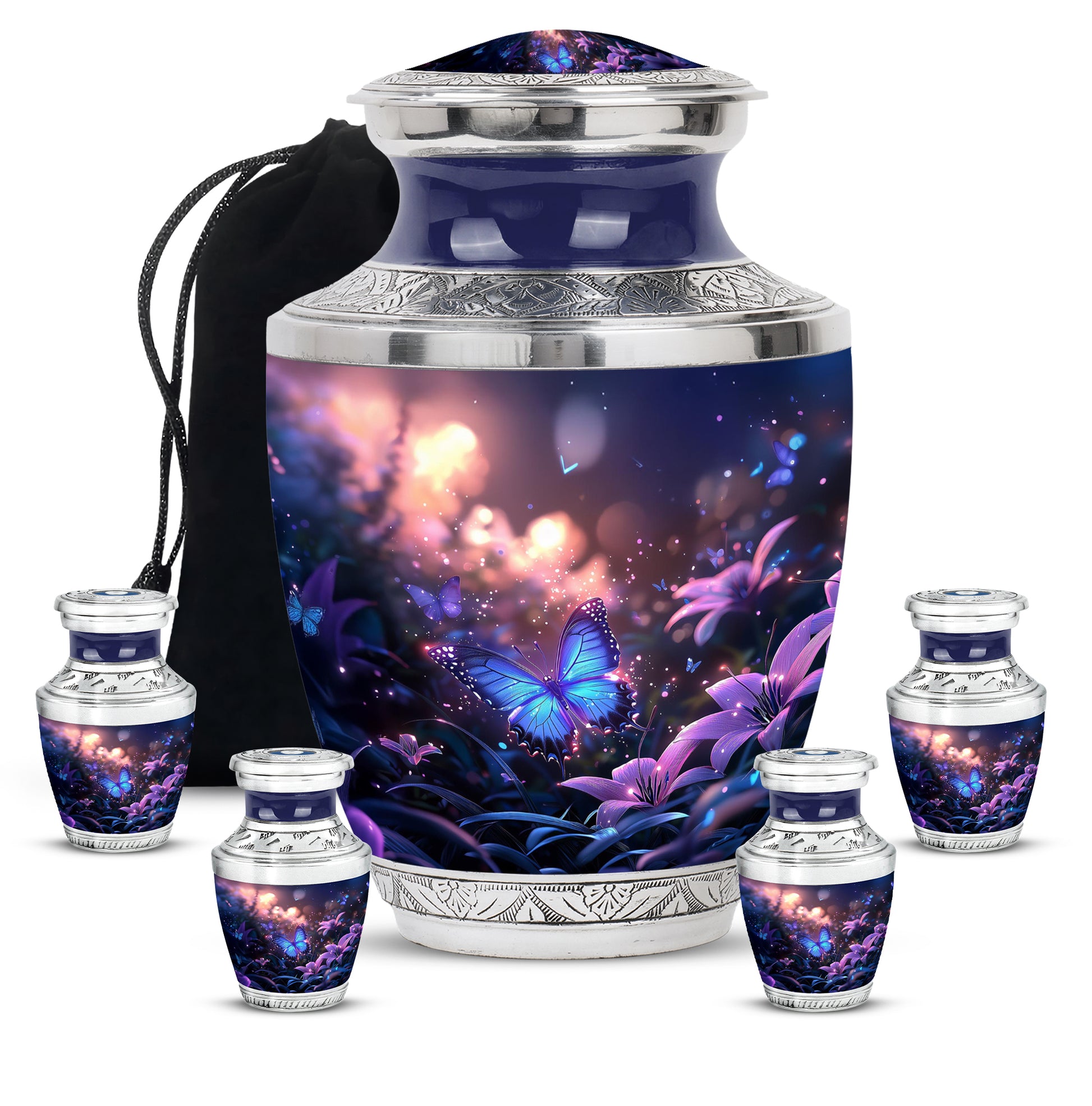 Petal Pink Butterfly Cremation Urn lifestyle display on memorial shelf - artistic butterfly interpretation with creative detail - memorial set with one large and four small urns