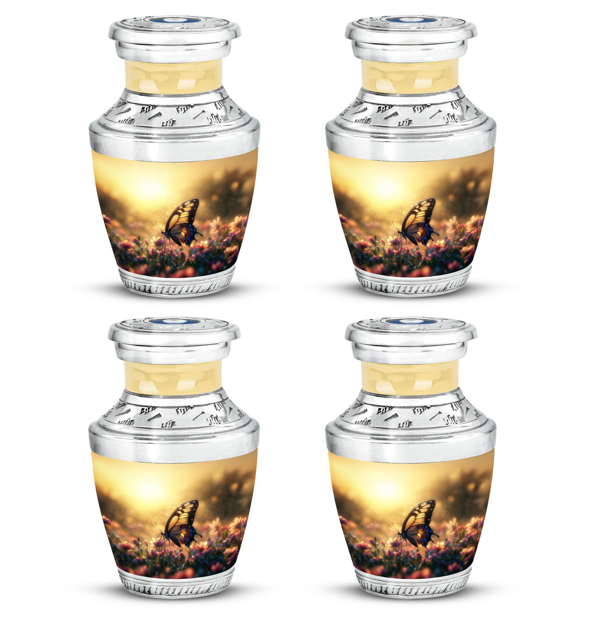Amber Gold Butterfly Cremation Urn back view with polished surface - modern art-inspired butterfly motif on sleek aluminum - 10 inch aluminum urn for cremated remains