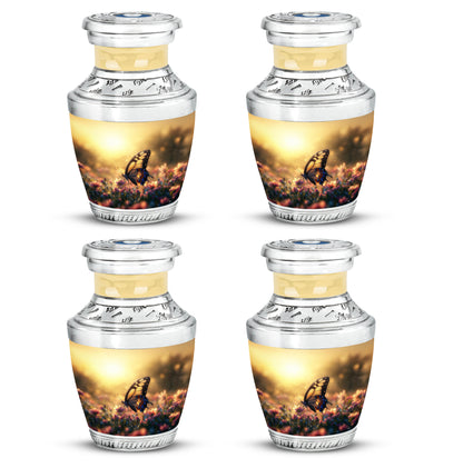 Amber Gold Butterfly Cremation Urn back view with polished surface - modern art-inspired butterfly motif on sleek aluminum - 10 inch aluminum urn for cremated remains