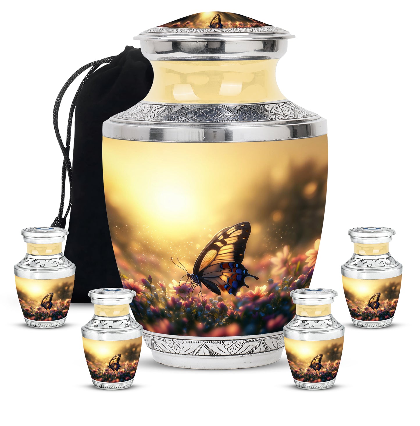Royal Gold Butterfly Cremation Urn lifestyle display on memorial shelf - stylized abstract butterfly pattern with bold lines - memorial set with one large and four small urns