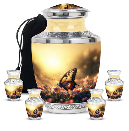 Royal Gold Butterfly Cremation Urn lifestyle display on memorial shelf - stylized abstract butterfly pattern with bold lines - memorial set with one large and four small urns
