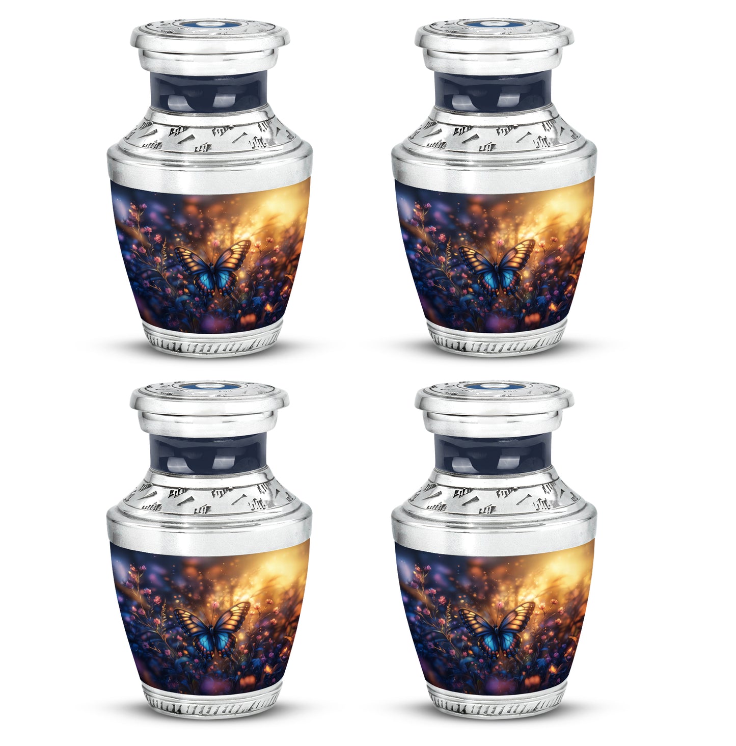 Royal Gold Butterfly Cremation Urn back view with polished surface - stylized abstract butterfly pattern with bold lines - 10 inch aluminum urn for cremated remains