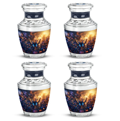 Royal Gold Butterfly Cremation Urn back view with polished surface - stylized abstract butterfly pattern with bold lines - 10 inch aluminum urn for cremated remains