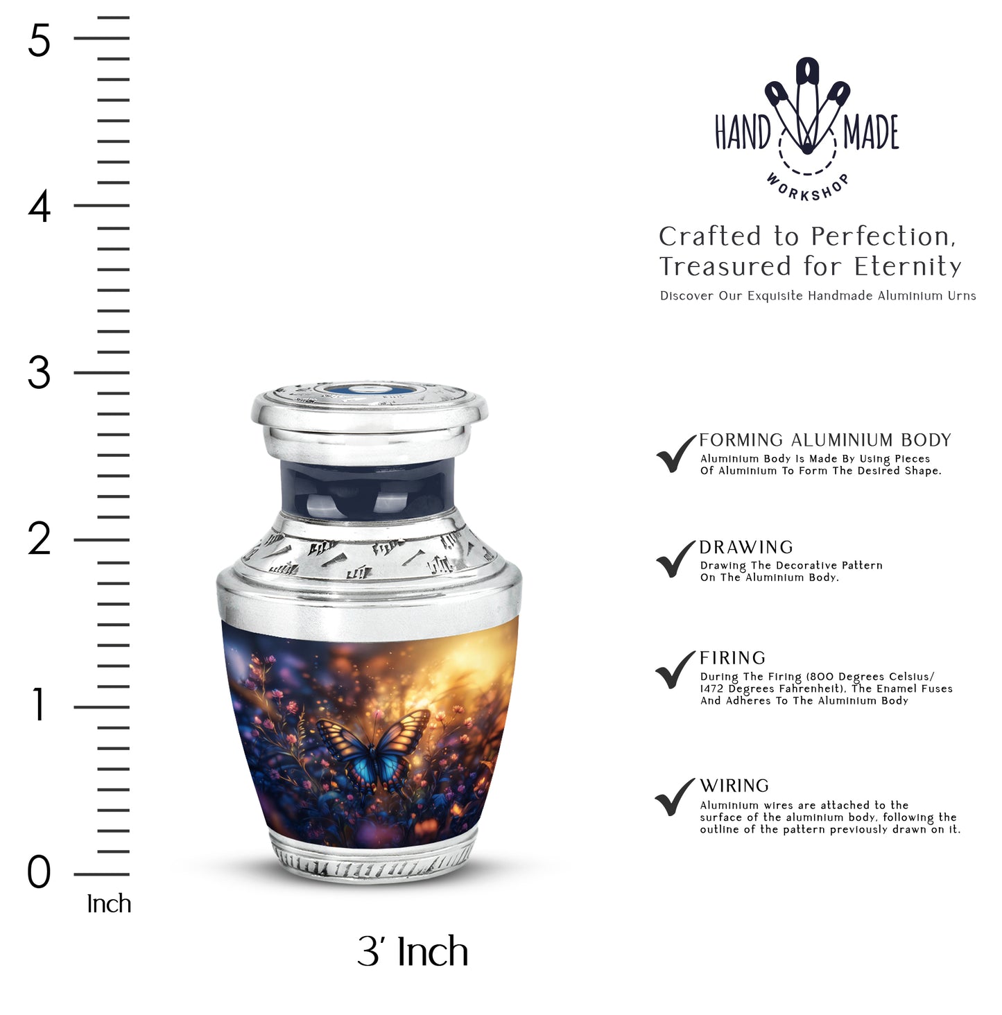 Sunrise Gold Butterfly Cremation Urn top-down view of secure threaded lid - modern art-inspired butterfly motif on sleek aluminum - mini keepsake memorial for portion of cremation ashes