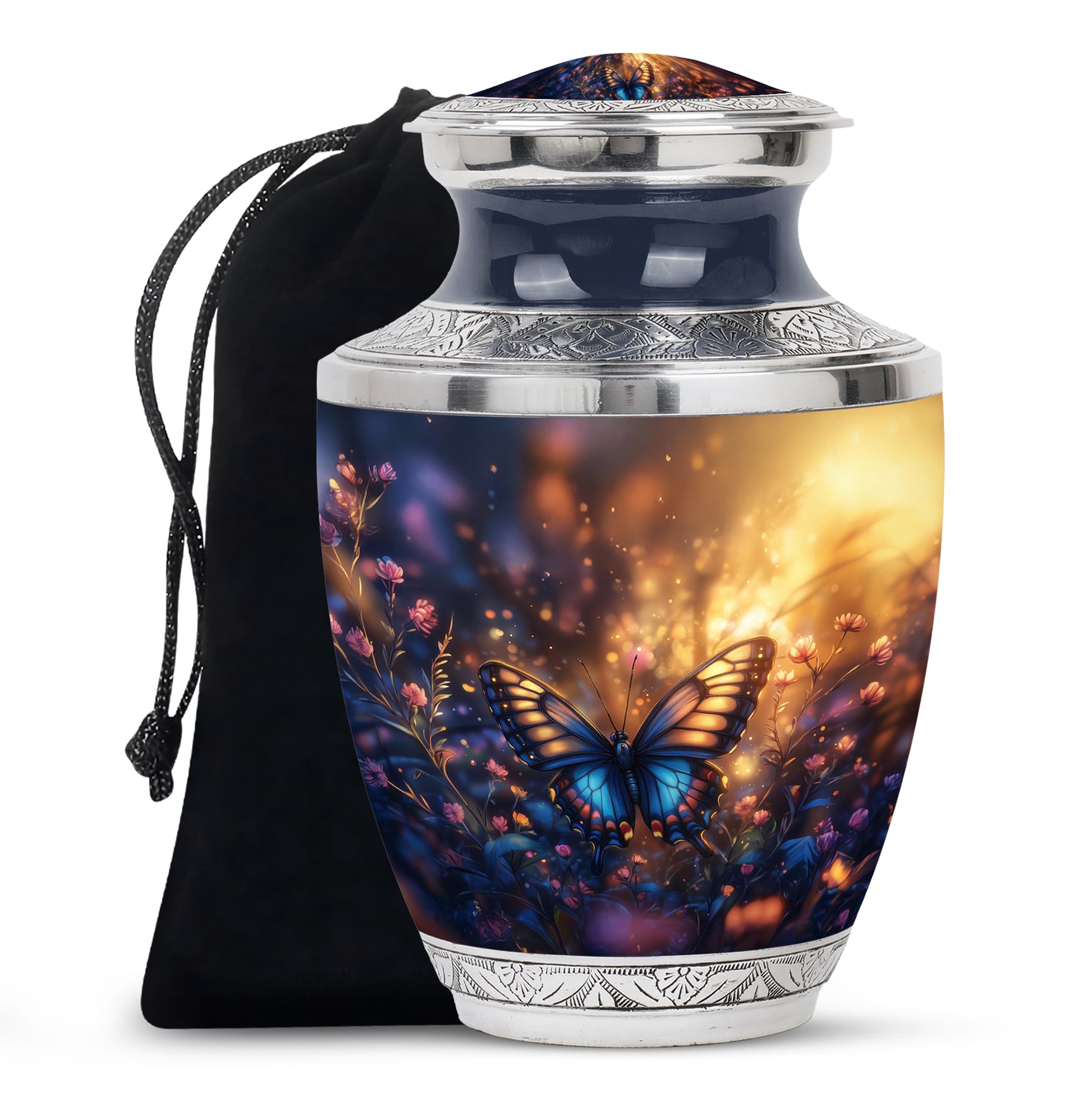 Burnished Gold Butterfly Cremation Urn side profile showing urn shape - artistic butterfly interpretation with creative detail - full-size 10 inch 200 cubic inch adult cremation urn