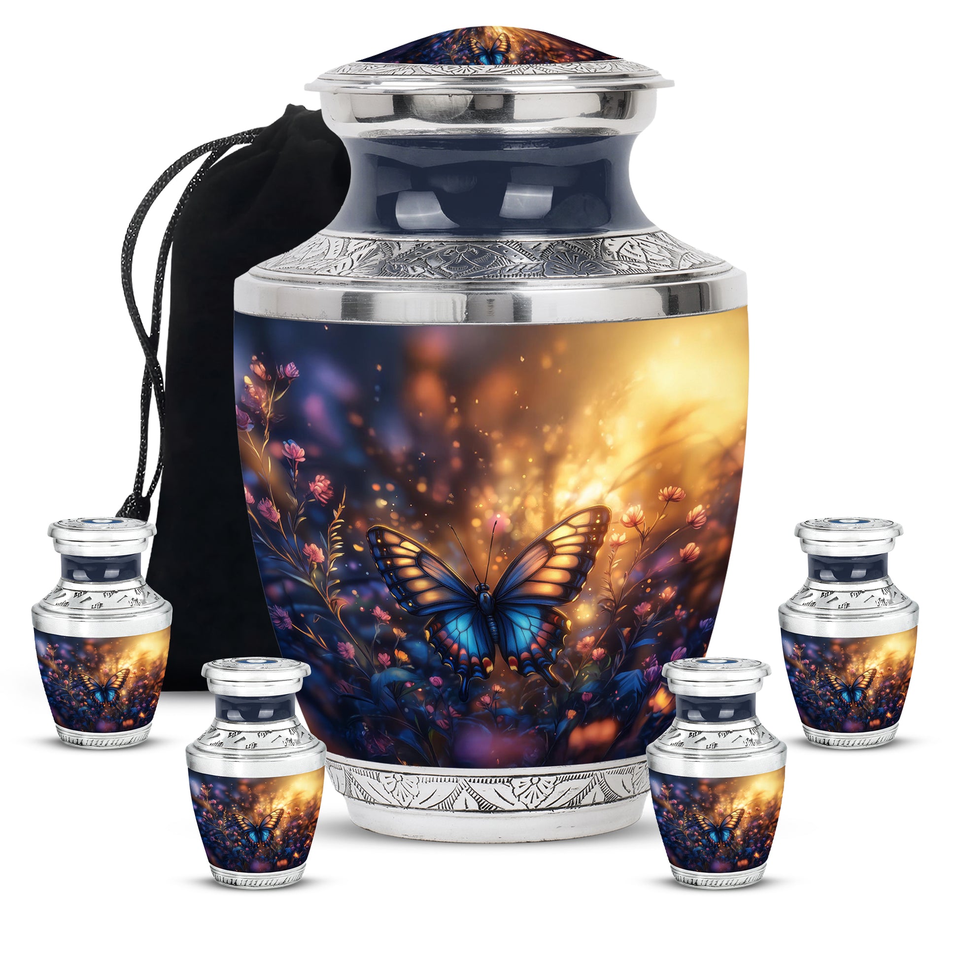 Gilded Gold Butterfly Cremation Urn lifestyle display on memorial shelf - contemporary butterfly design with modern artistic flair - memorial set with one large and four small urns