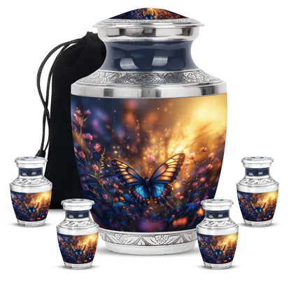 Gilded Gold Butterfly Cremation Urn lifestyle display on memorial shelf - contemporary butterfly design with modern artistic flair - memorial set with one large and four small urns