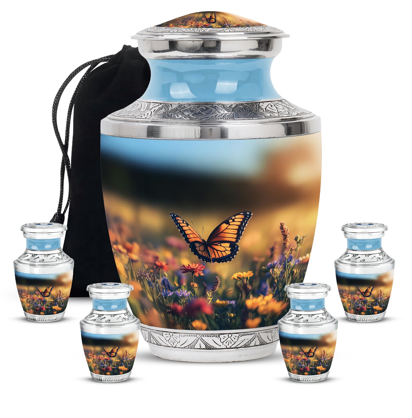 Charcoal Black Butterfly Cremation Urn lifestyle display on memorial shelf - stylized abstract butterfly pattern with bold lines - memorial set with one large and four small urns