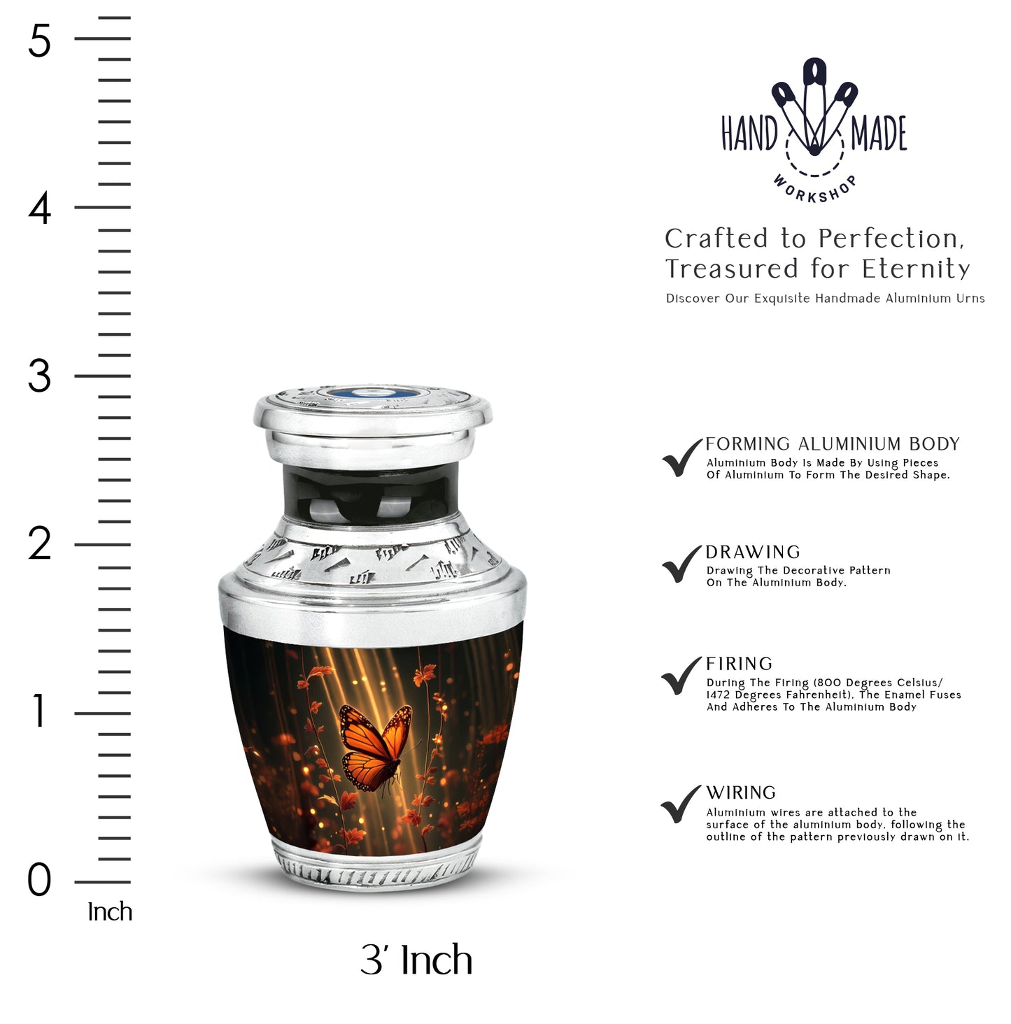 Rich Black Butterfly Cremation Urn top-down view of secure threaded lid - contemporary butterfly design with modern artistic flair - mini keepsake memorial for portion of cremation ashes