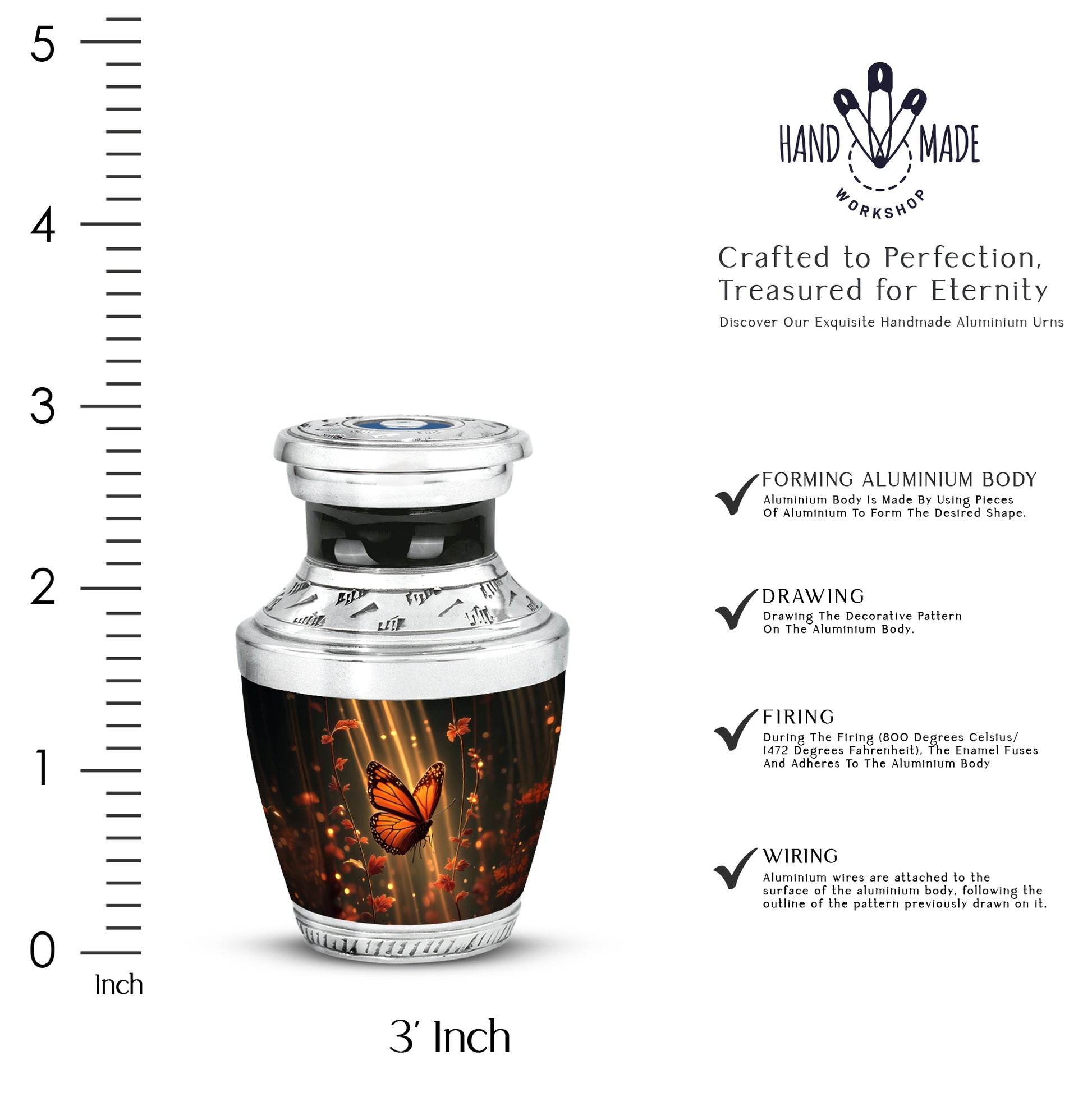 Rich Black Butterfly Cremation Urn top-down view of secure threaded lid - contemporary butterfly design with modern artistic flair - mini keepsake memorial for portion of cremation ashes