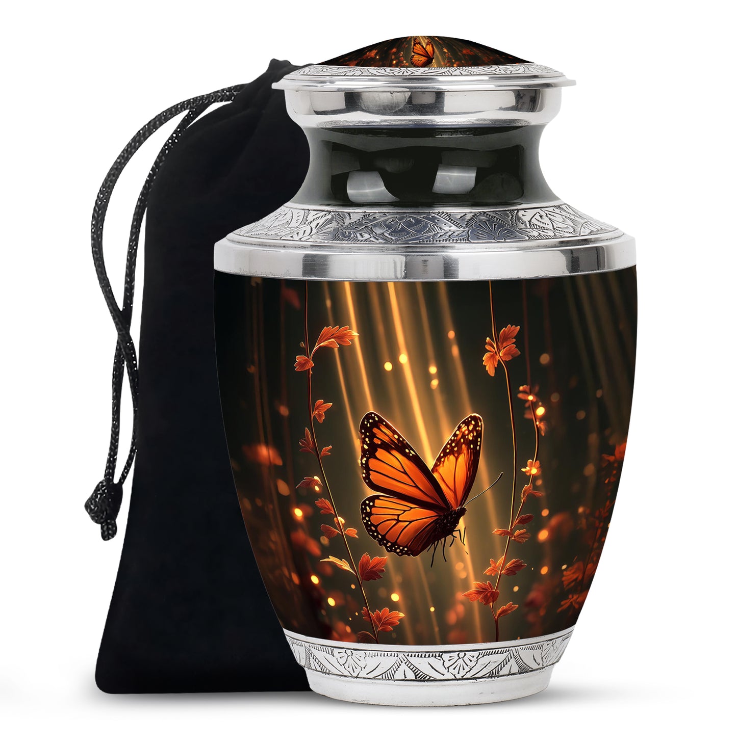 Ebony Butterfly Cremation Urn side profile showing urn shape - contemporary butterfly design with modern artistic flair - full-size 10 inch 200 cubic inch adult cremation urn