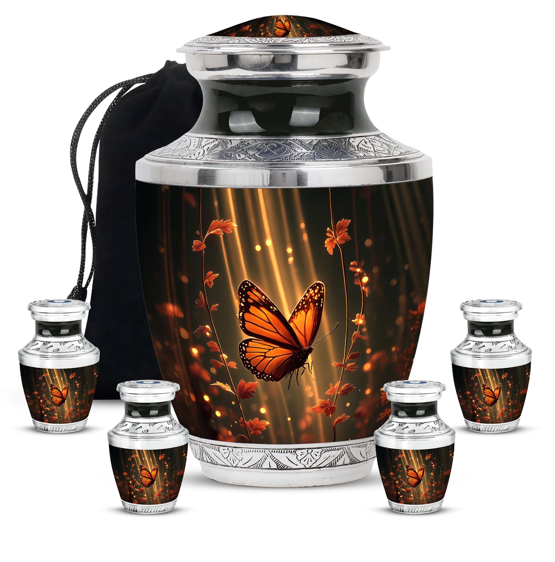 Glossy Black Butterfly Cremation Urn lifestyle display on memorial shelf - contemporary butterfly design with modern artistic flair - memorial set with one large and four small urns