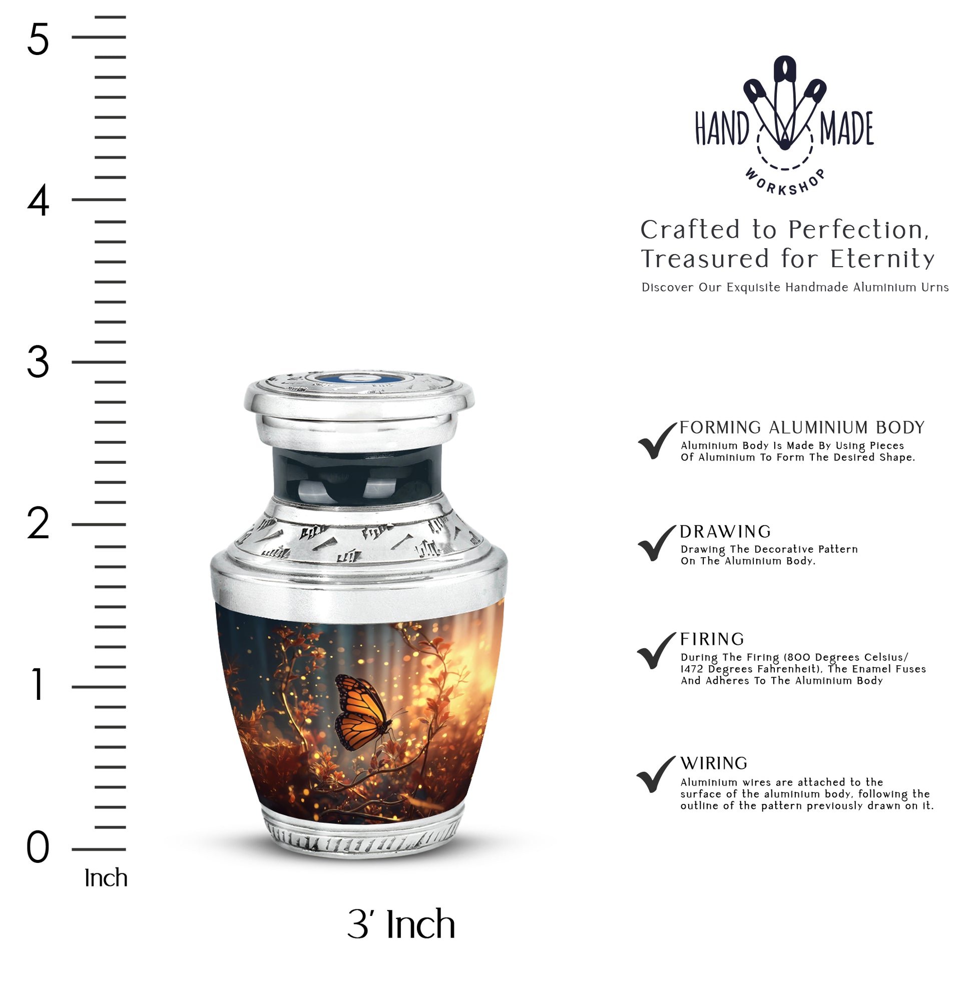 Royal Blue Butterfly Cremation Urn top-down view of secure threaded lid - stylized abstract butterfly pattern with bold lines - mini keepsake memorial for portion of cremation ashes