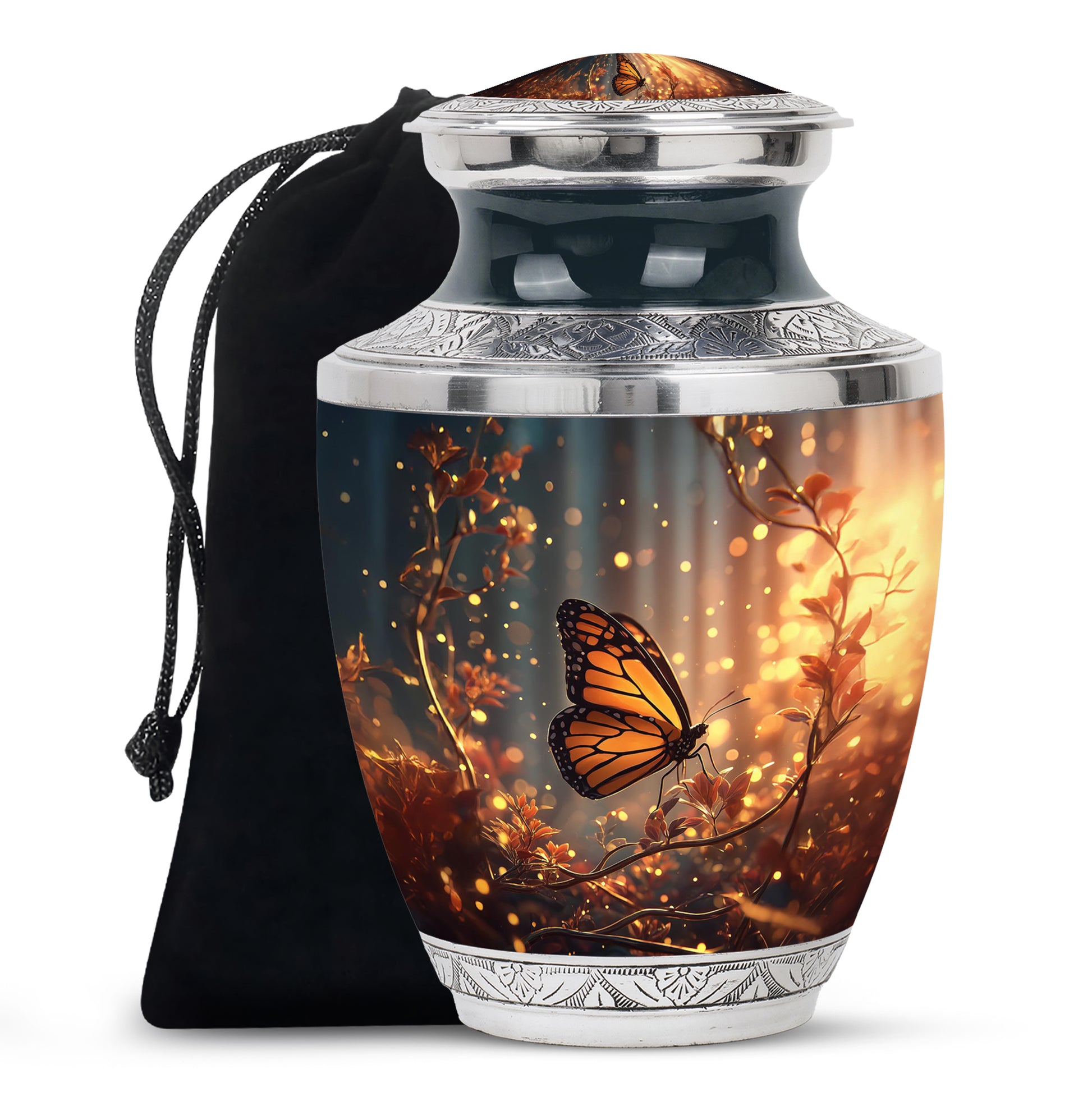Serene Blue Butterfly Cremation Urn side profile showing urn shape - artistic butterfly interpretation with creative detail - full-size 10 inch 200 cubic inch adult cremation urn