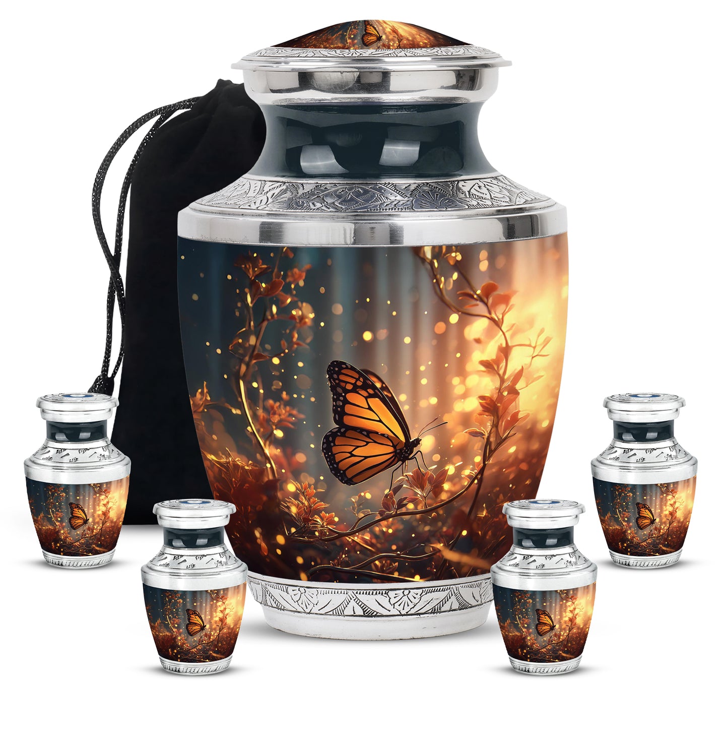 Vivid Blue Butterfly Cremation Urn lifestyle display on memorial shelf - artistic butterfly interpretation with creative detail - memorial set with one large and four small urns