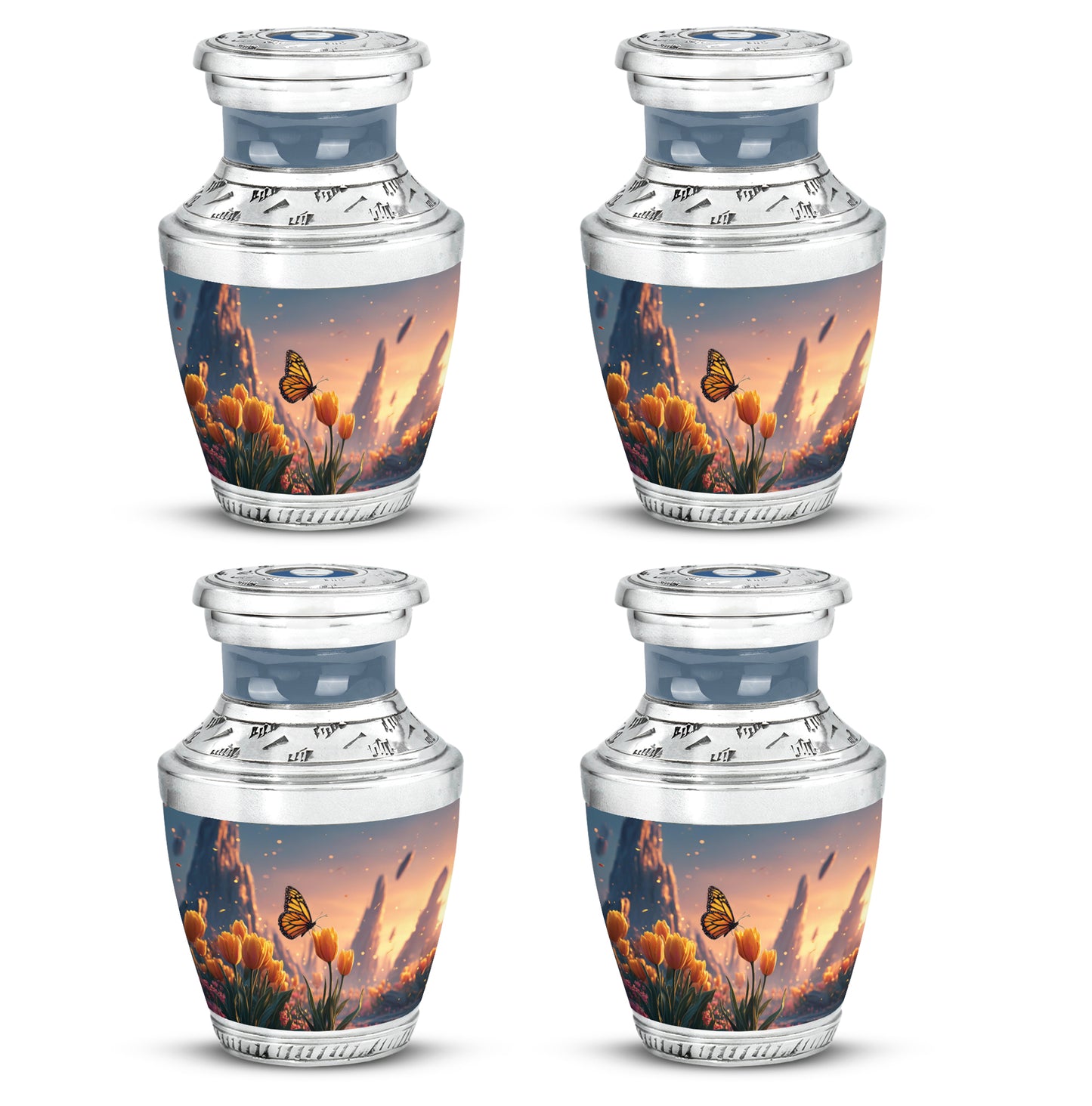 Ruby Red Butterfly Cremation Urn back view with polished surface - artistic butterfly interpretation with creative detail - 10 inch aluminum urn for cremated remains