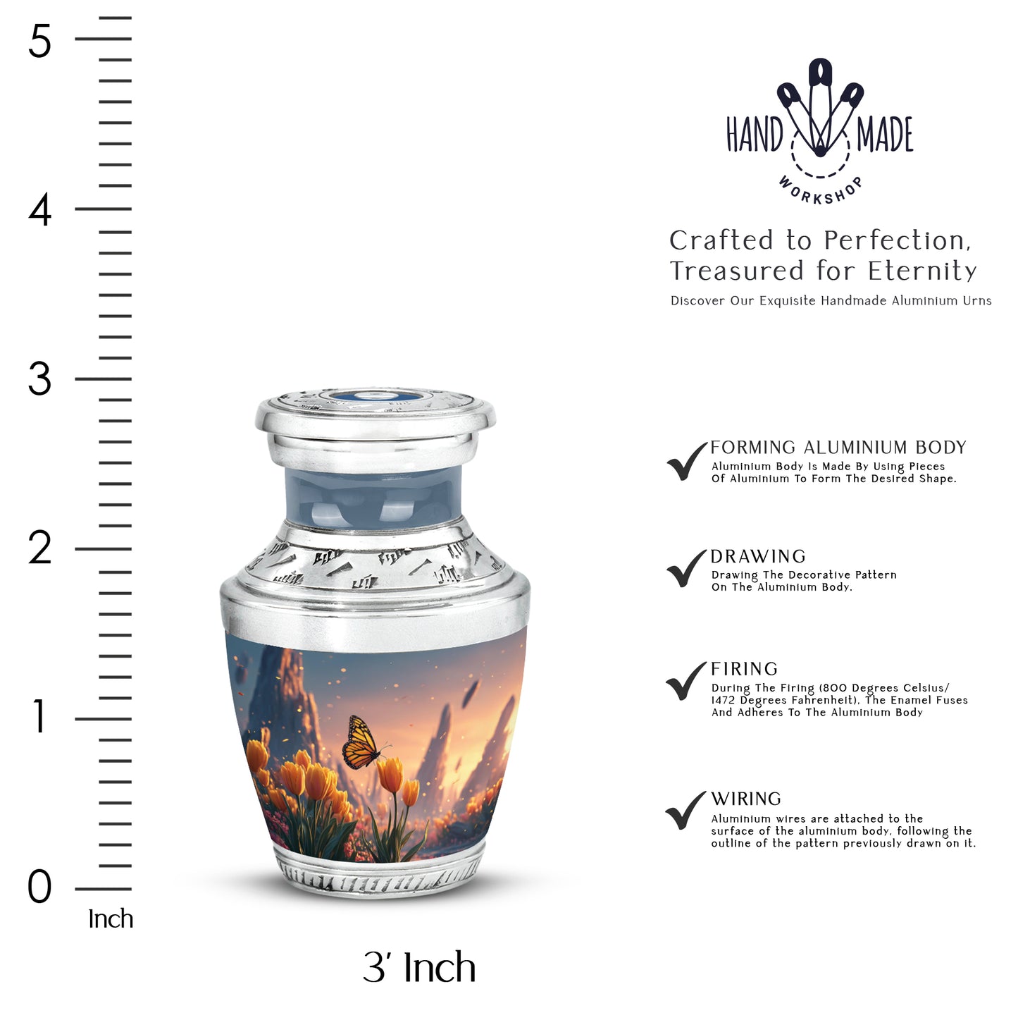 Garnet Red Butterfly Cremation Urn top-down view of secure threaded lid - modern art-inspired butterfly motif on sleek aluminum - mini keepsake memorial for portion of cremation ashes