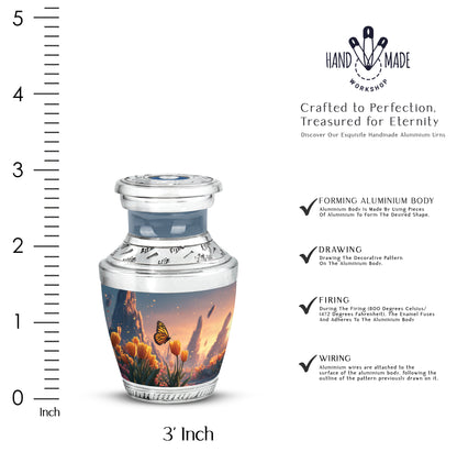 Garnet Red Butterfly Cremation Urn top-down view of secure threaded lid - modern art-inspired butterfly motif on sleek aluminum - mini keepsake memorial for portion of cremation ashes