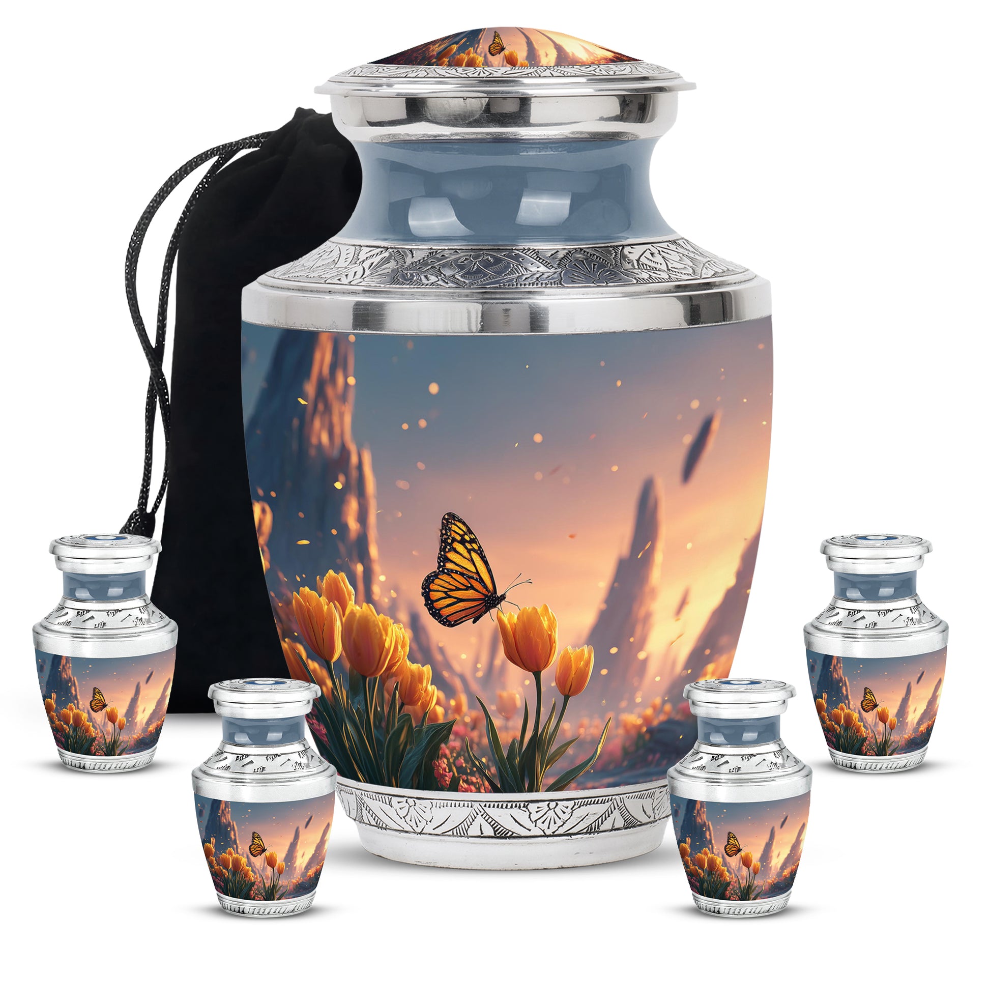 Deep Red Butterfly Cremation Urn lifestyle display on memorial shelf - contemporary butterfly design with modern artistic flair - memorial set with one large and four small urns