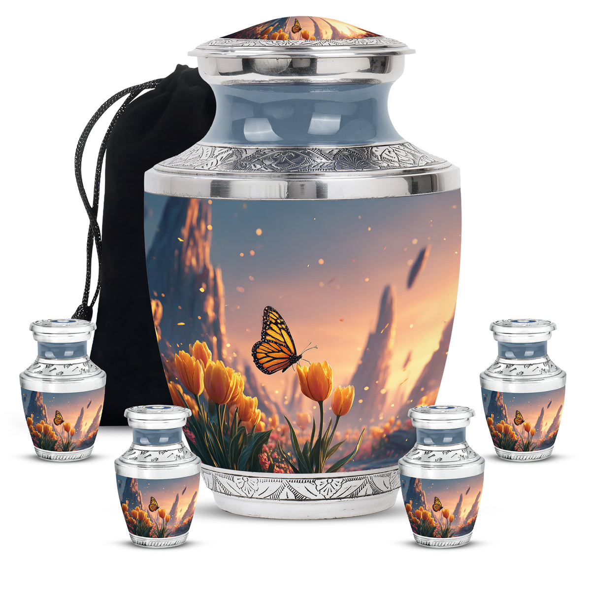 Deep Red Butterfly Cremation Urn lifestyle display on memorial shelf - contemporary butterfly design with modern artistic flair - memorial set with one large and four small urns