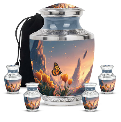 Deep Red Butterfly Cremation Urn lifestyle display on memorial shelf - contemporary butterfly design with modern artistic flair - memorial set with one large and four small urns