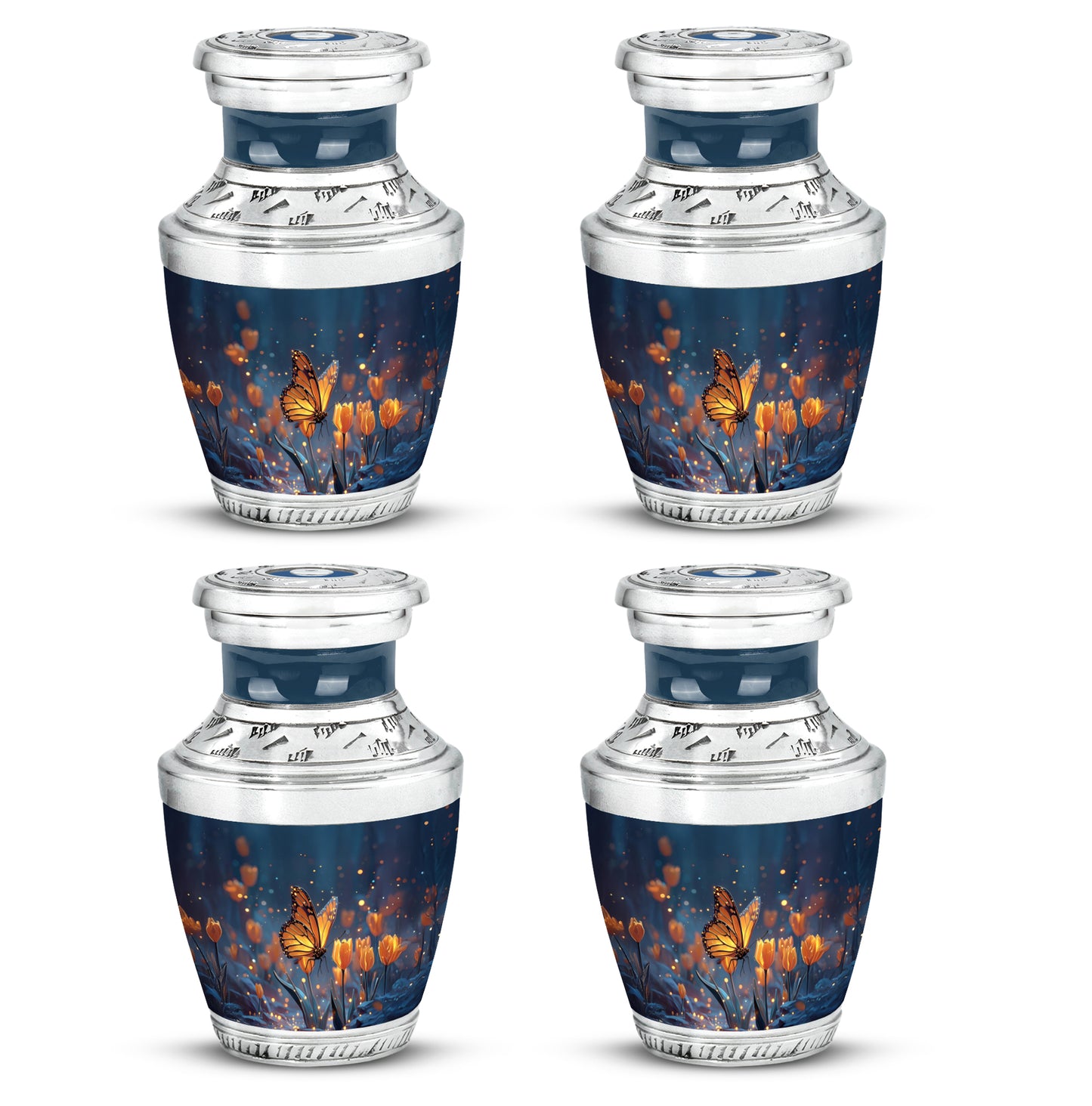 Icy Blue Butterfly Cremation Urn back view with polished surface - modern art-inspired butterfly motif on sleek aluminum - 10 inch aluminum urn for cremated remains