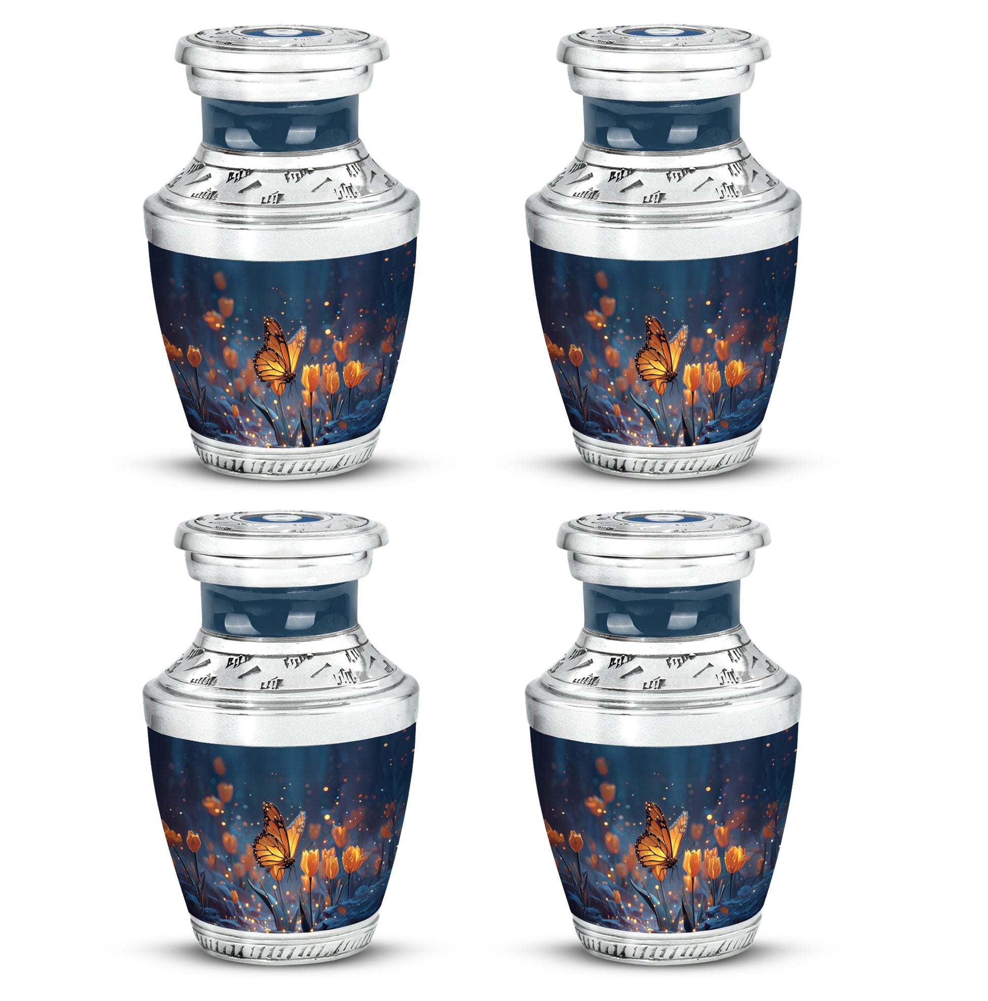 Icy Blue Butterfly Cremation Urn back view with polished surface - modern art-inspired butterfly motif on sleek aluminum - 10 inch aluminum urn for cremated remains