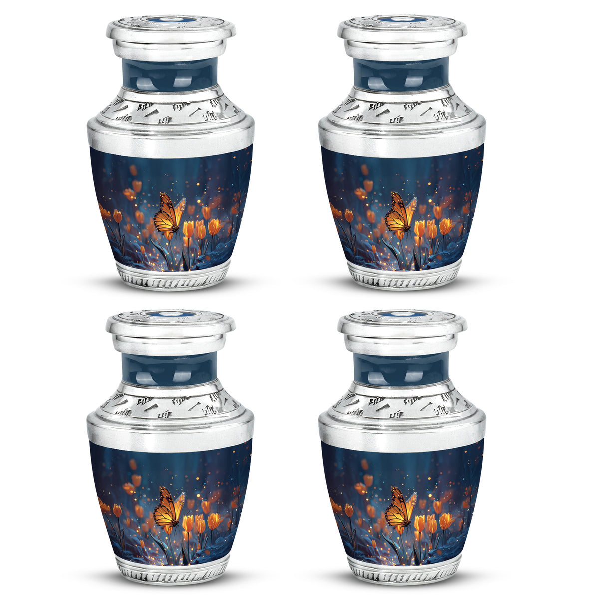 Icy Blue Butterfly Cremation Urn back view with polished surface - modern art-inspired butterfly motif on sleek aluminum - 10 inch aluminum urn for cremated remains