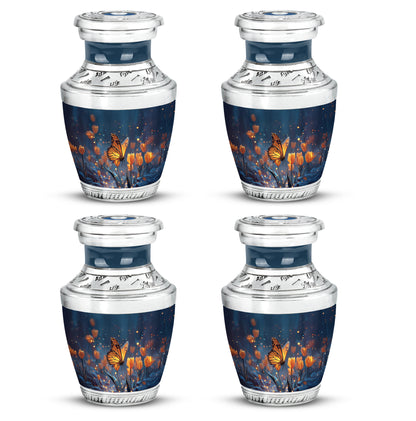 Icy Blue Butterfly Cremation Urn back view with polished surface - modern art-inspired butterfly motif on sleek aluminum - 10 inch aluminum urn for cremated remains