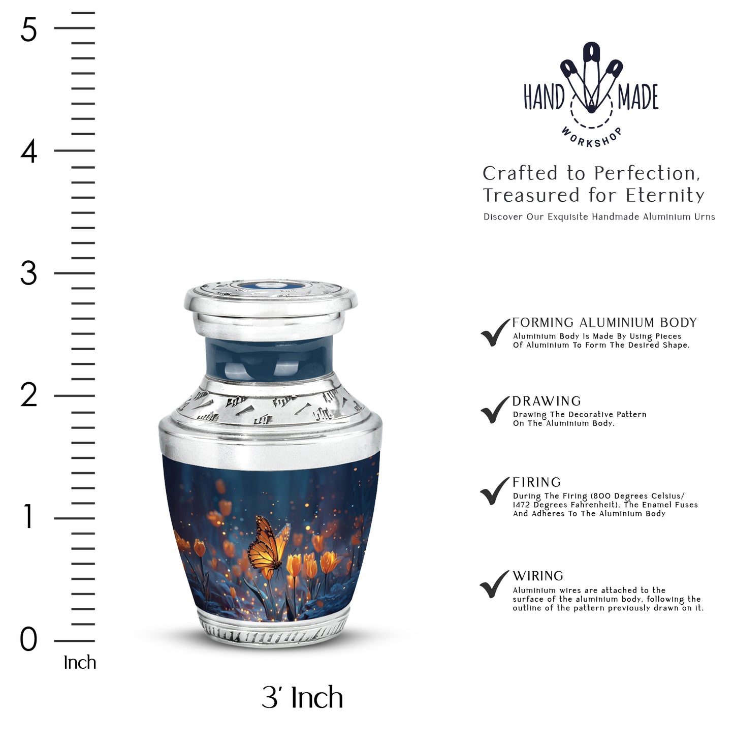 Icy Blue Butterfly Cremation Urn top-down view of secure threaded lid - contemporary butterfly design with modern artistic flair - mini keepsake memorial for portion of cremation ashes