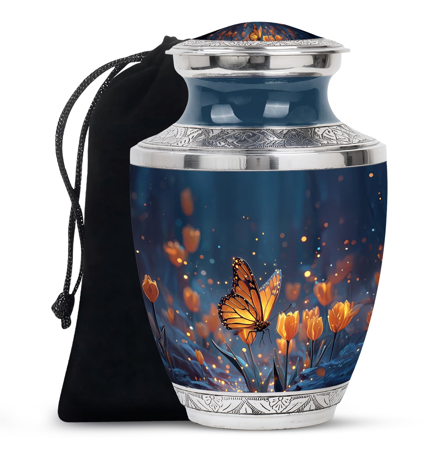 Pastel Blue Butterfly Cremation Urn side profile showing urn shape - contemporary butterfly design with modern artistic flair - full-size 10 inch 200 cubic inch adult cremation urn