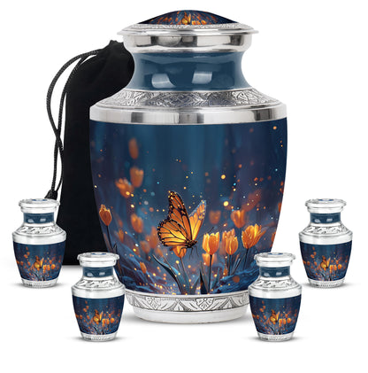 Pastel Blue Butterfly Cremation Urn lifestyle display on memorial shelf - contemporary butterfly design with modern artistic flair - memorial set with one large and four small urns
