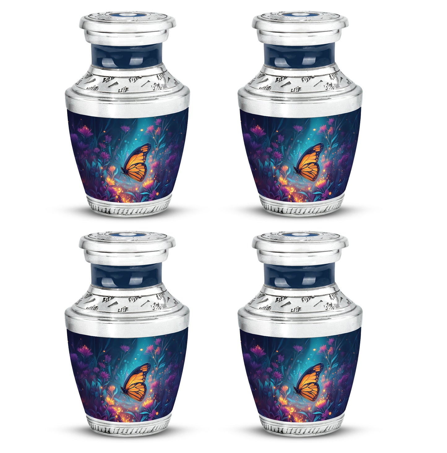 Royal Blue Butterfly Cremation Urn back view with polished surface - stylized abstract butterfly pattern with bold lines - 10 inch aluminum urn for cremated remains