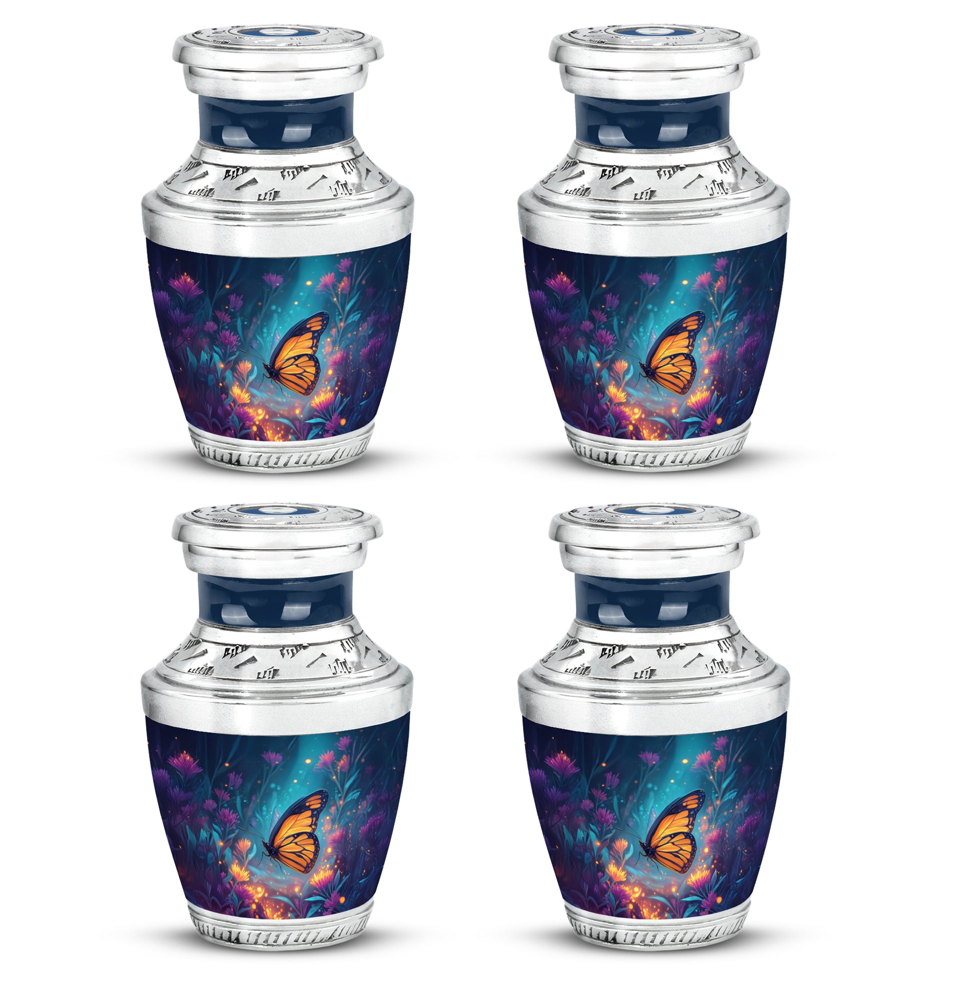Royal Blue Butterfly Cremation Urn back view with polished surface - stylized abstract butterfly pattern with bold lines - 10 inch aluminum urn for cremated remains