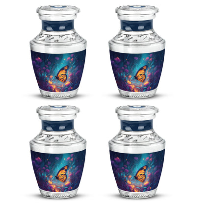 Royal Blue Butterfly Cremation Urn back view with polished surface - stylized abstract butterfly pattern with bold lines - 10 inch aluminum urn for cremated remains
